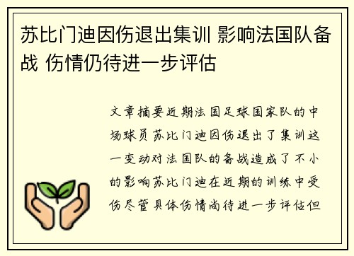 苏比门迪因伤退出集训 影响法国队备战 伤情仍待进一步评估 苏比门迪因伤退出集训 影响法国队备战 伤情仍待进一步评估